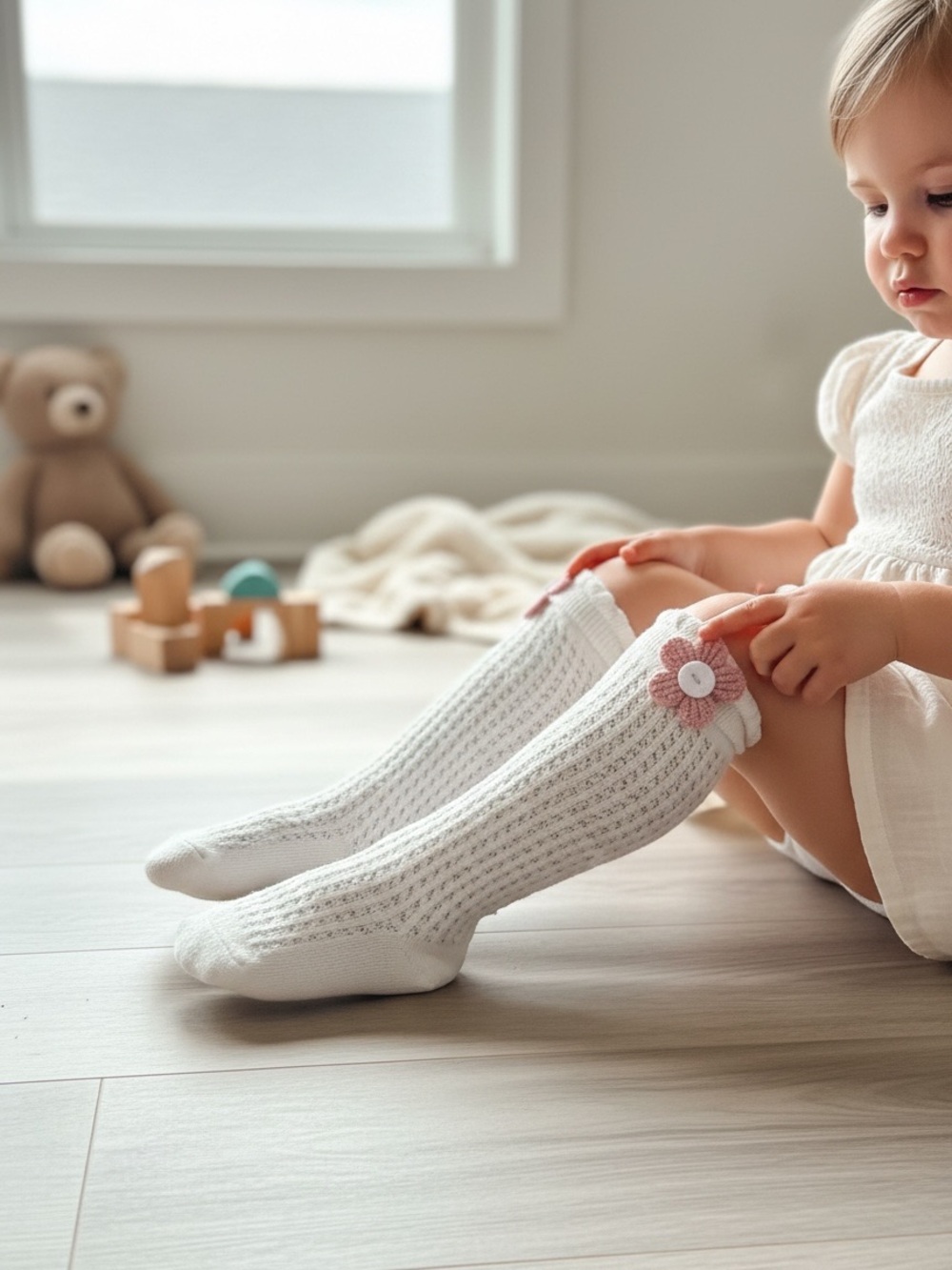 Izabella kids coquetta  White Knee High with embroidered Flower Patch